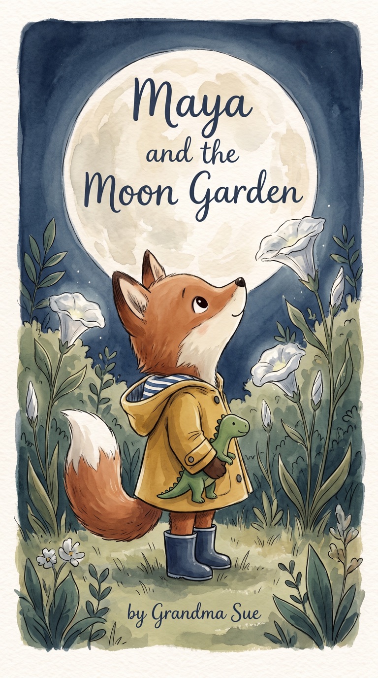Book cover in the animal-friend style: a small fox in a yellow raincoat gazes up at a full moon, under the title Maya and the Moon Garden, by Grandma Sue.