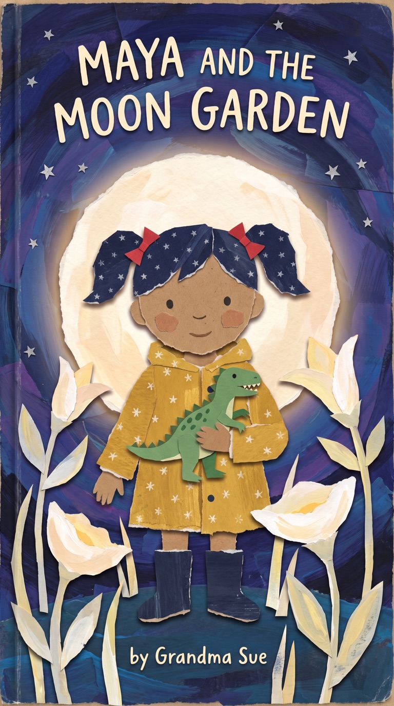 Book cover in torn-paper collage: a girl in a yellow raincoat holds a toy dinosaur before a full moon, under the title Maya and the Moon Garden, by Grandma Sue.