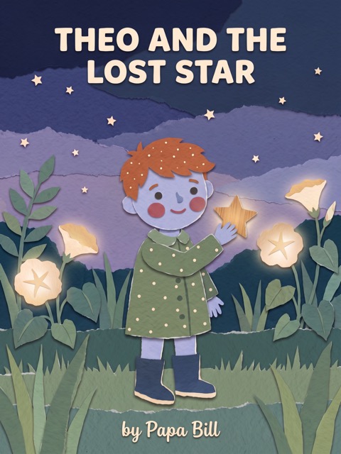 Book cover, torn-paper collage: a boy in a moonlit garden reaches up to a wooden star, under the title Theo and the Lost Star, by Papa Bill.